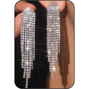 Silver Prom Earrings for Women Rhinestone Tassel Earring Sparkly Long Crystal Cz